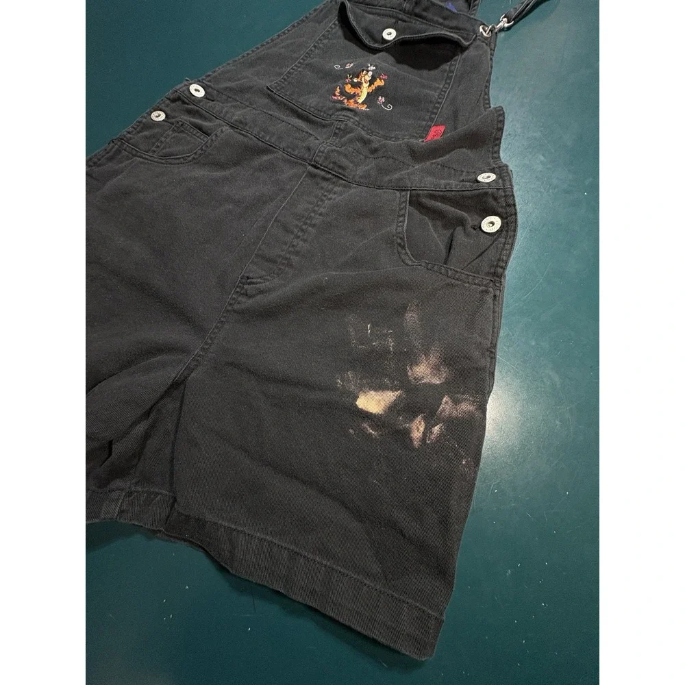 Vintage Disney Tigger Shortalls Overalls Youth Large Denim Bib Black Embroidered